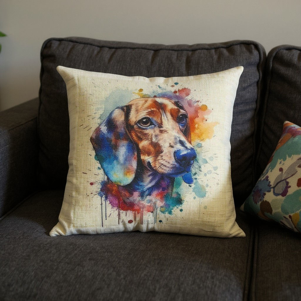 Vibrant rainbow watercolour Dachshund with vivid paint splashes and drips