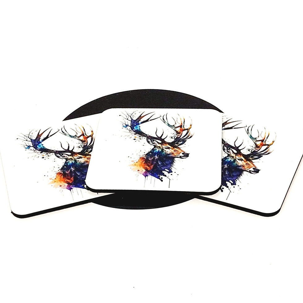 Thumbnail: Deer Head in watercolour with bright hues of purple, teal and blues with smokey paint splashes and drips on a white Coaster