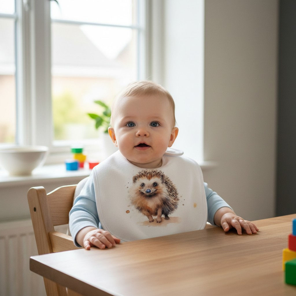 Baby wearing a white polar fleece bib with a watercolour hedgehog image in the front with paint splatters