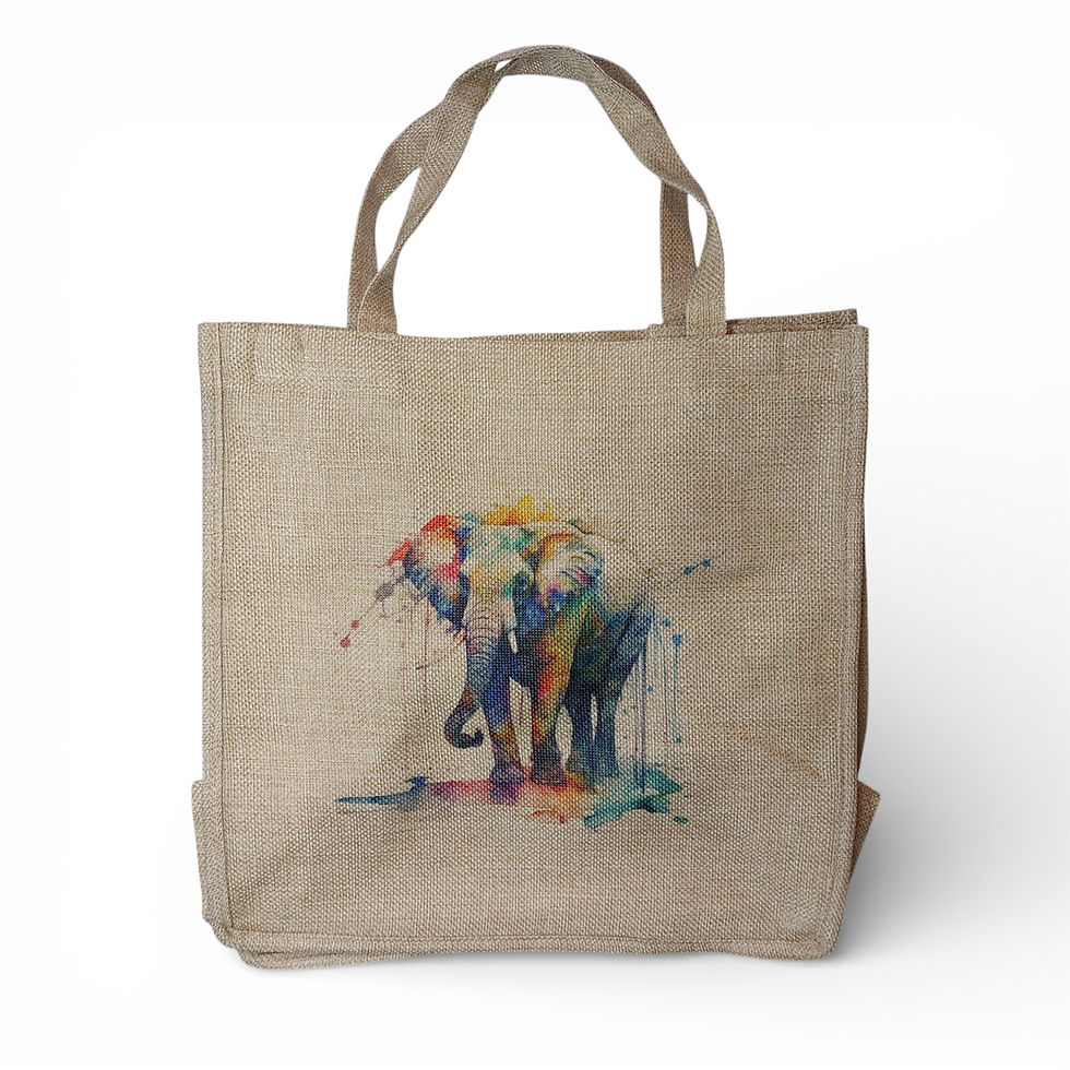 Thumbnail: Vibrant multicoloured watercolour image od an elephant surrounded by spatters, splashes and drips of paint on a burlap bag