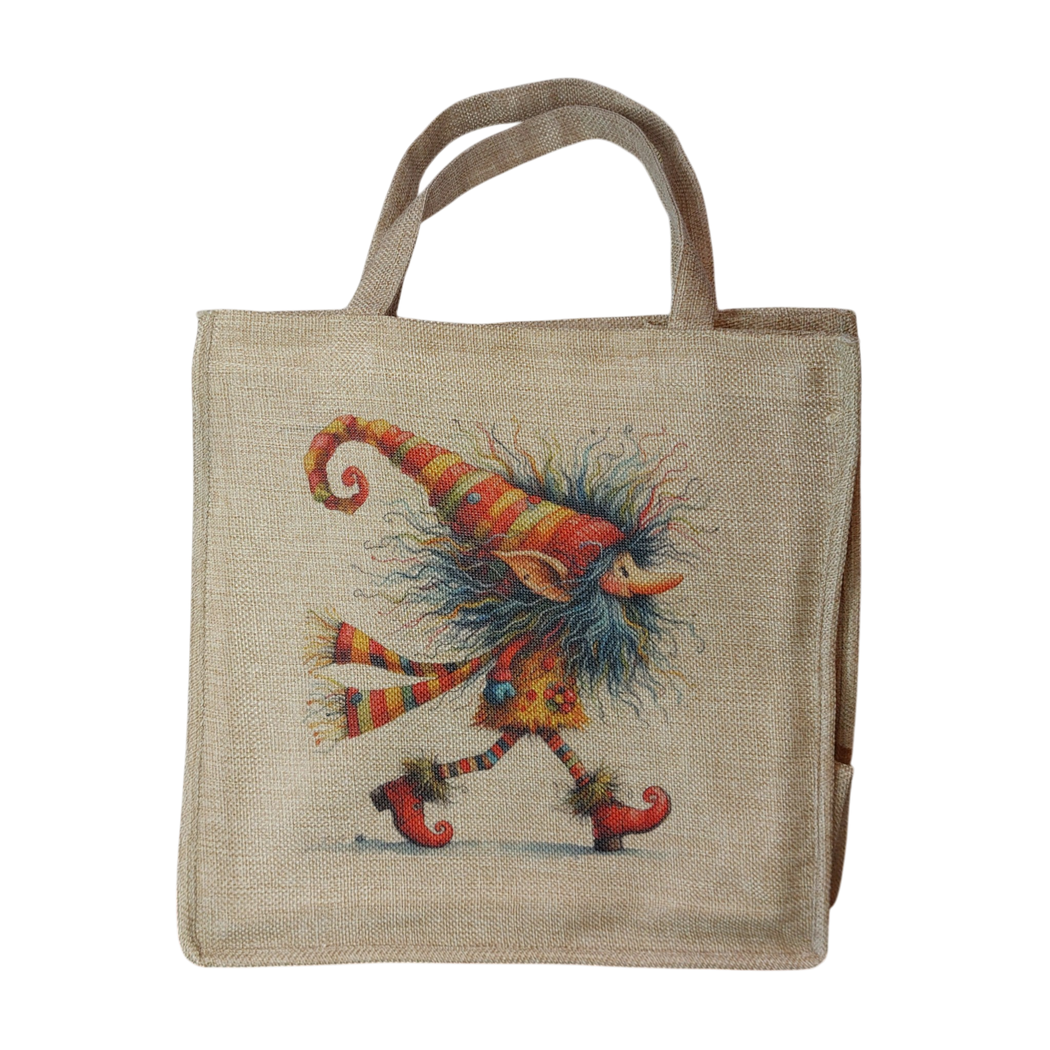 Burlap bag with illustration of a gnome with wild whispy blue hair, striped red & yellow hat pointy hat & flowing scarf