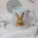 Watercolour Hare with pastel paint splashes and drips on glossy white mug