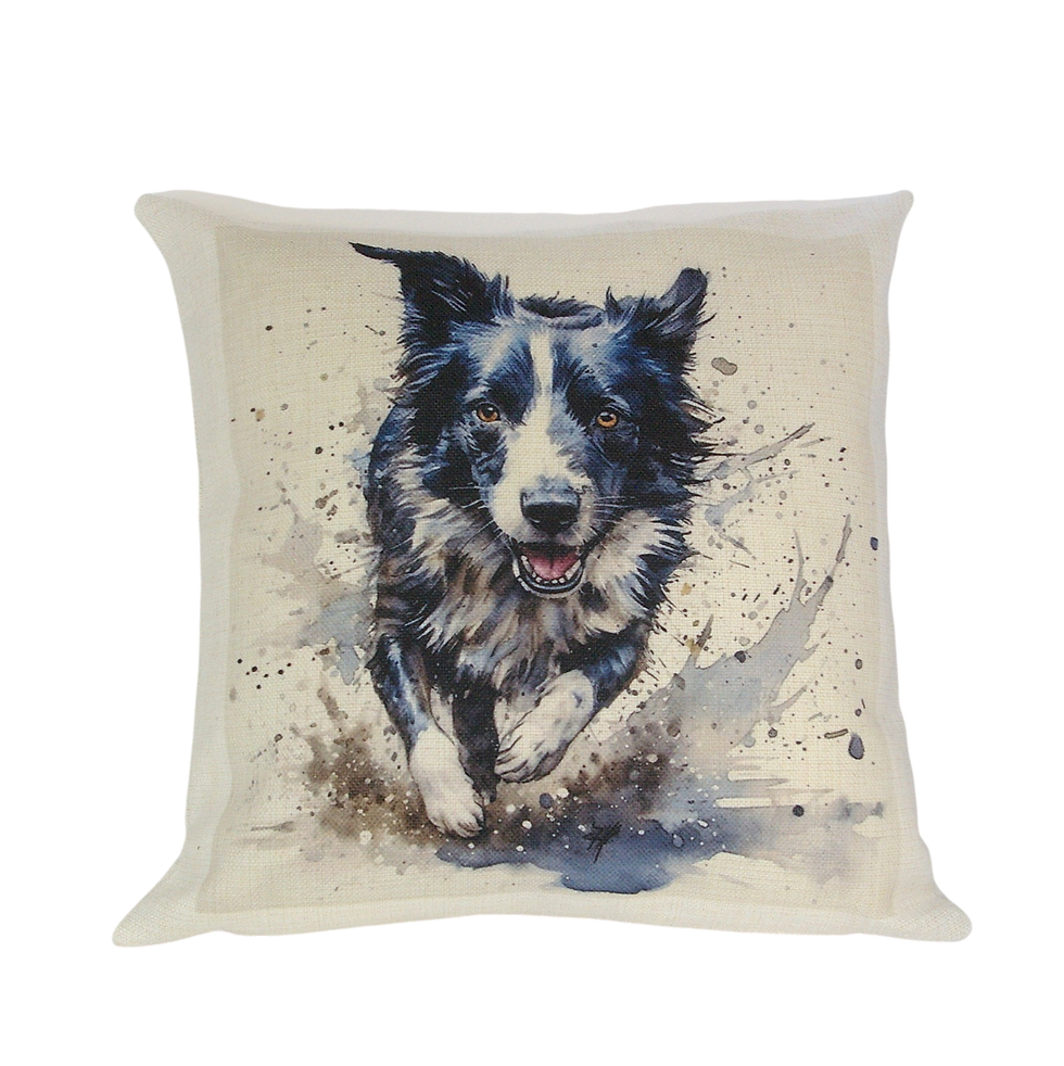 Thumbnail: Watercolour image of a Border Collie running through a puddle making splashes