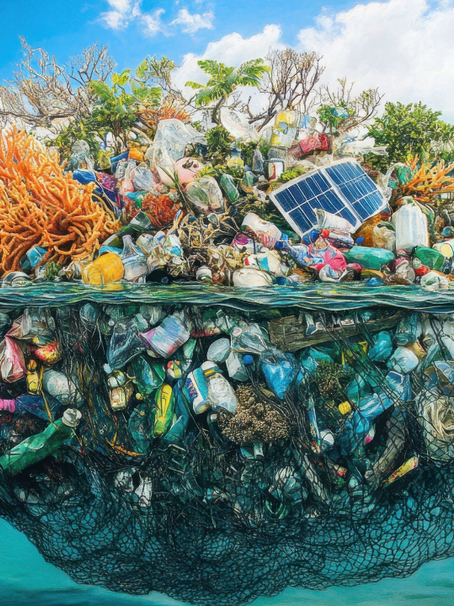 Floating mass of ocean plastic and debris above and below the waterline, illustrating the impact of pollution on marine ecosystems.