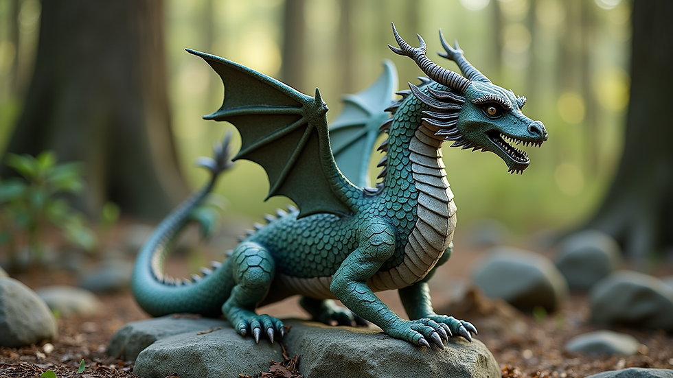 Eye-level view of a dragon sculpture surrounded by natural elements
