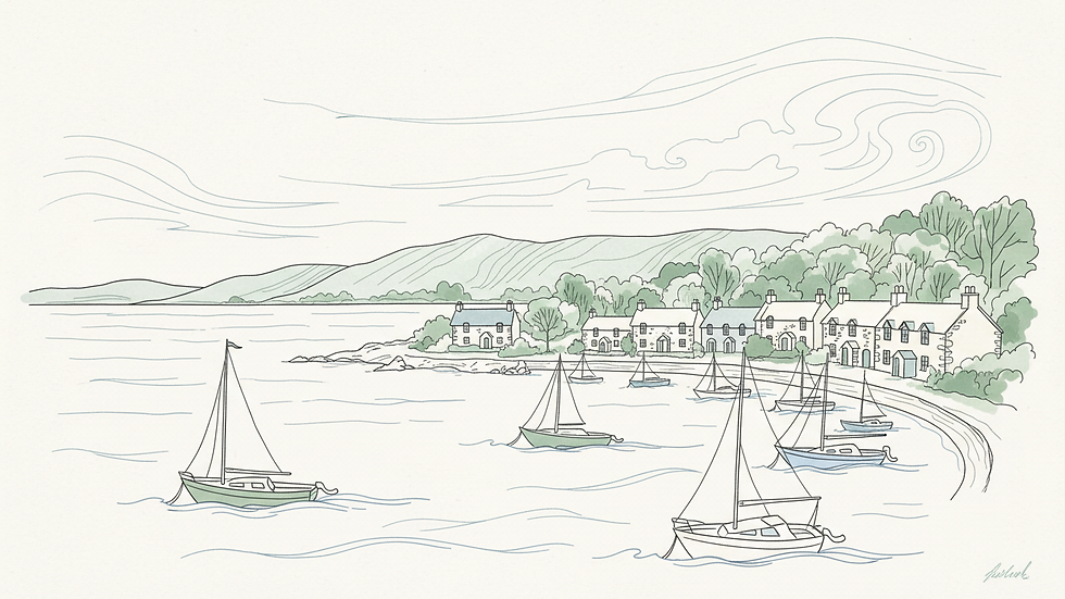 Wide angle view of the Kippford harbour with boats and cottages along the shoreline