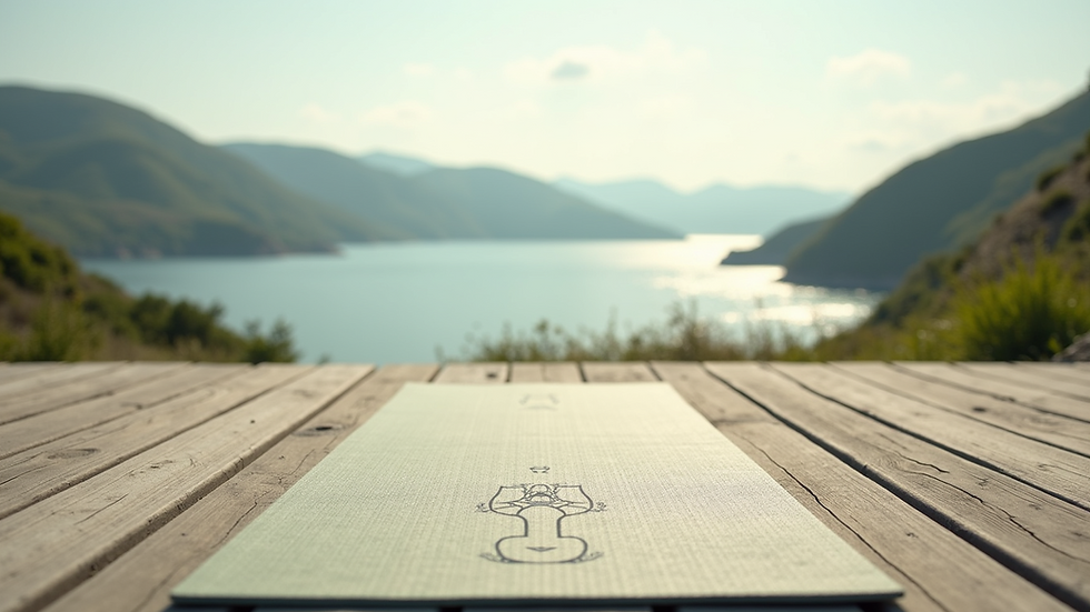 Close-up view of a yoga mat on a wooden deck overlooking the sea