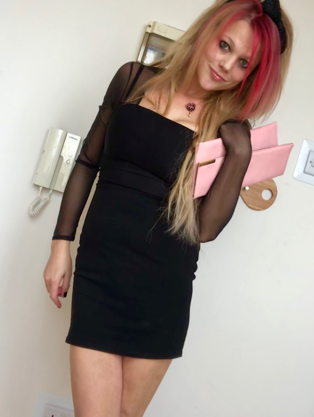 Black Satin Mesh Long Sleeve Bardot Mesh Mini Dress: