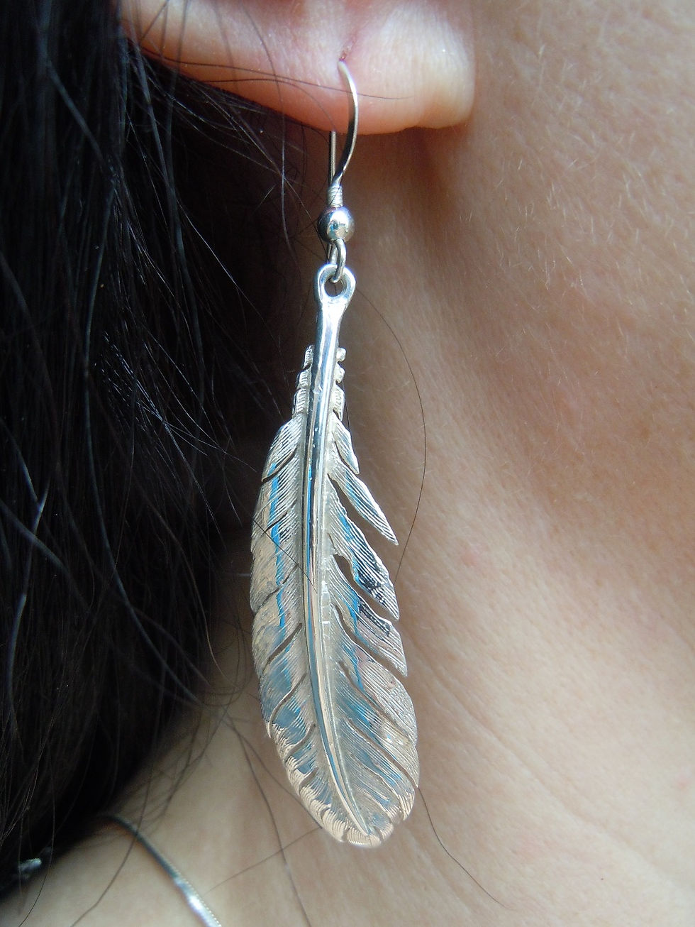 Thumbnail: Large Sterling Silver Feather Dangle Earrings