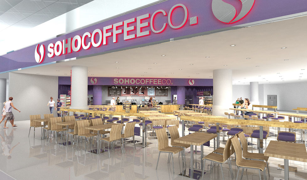 Coffee shop with seating and service counter
