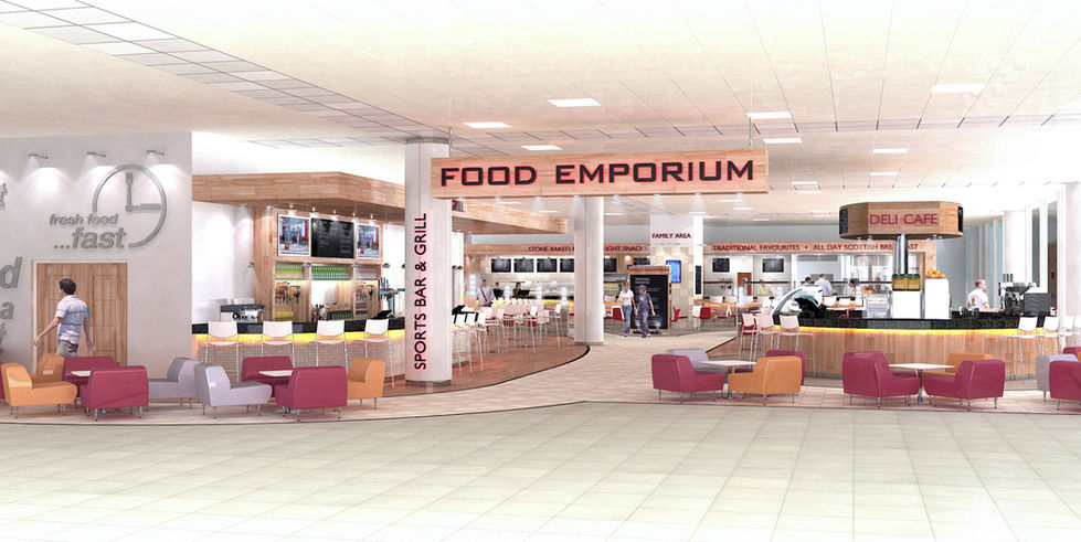 Retail food emporium visualisation inside shopping centre environment