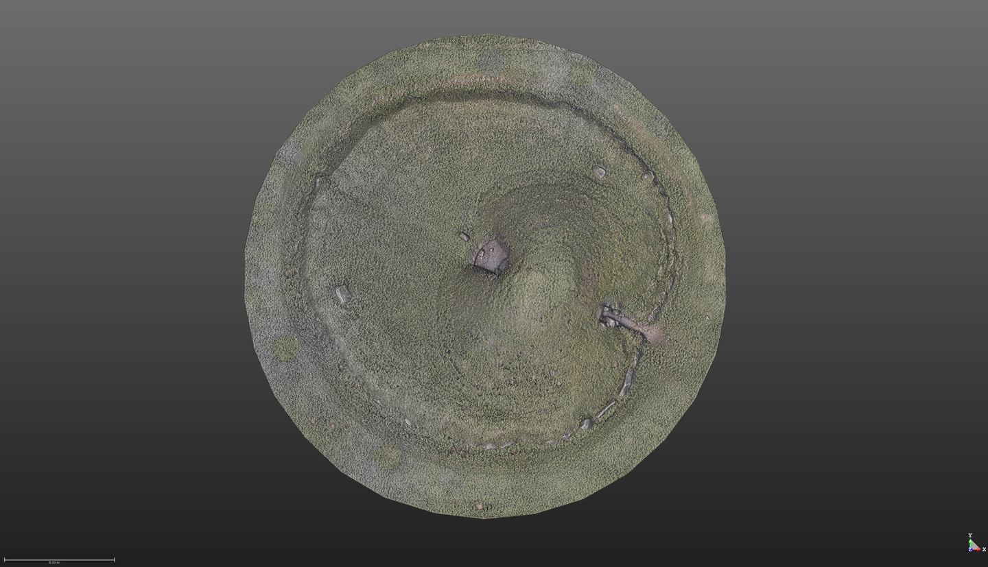 Top-down point cloud of Bryn Celli Ddu burial mound with visible layout of site.