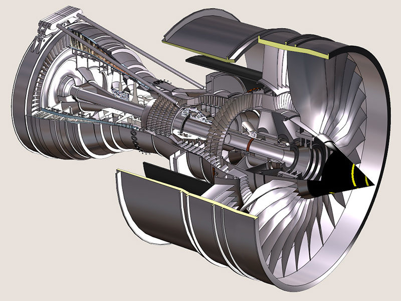 Cutaway illustration of Rolls Royce Trent 900 aircraft engine showing internal components
