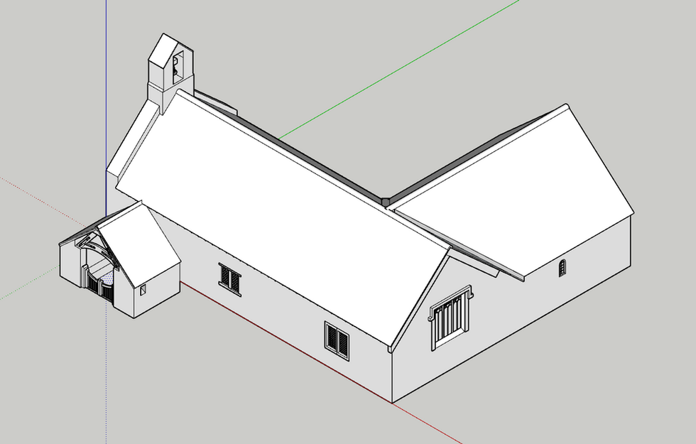 Oblique view of 3D SketchUp model of Hen Eglwys Llangelynnin showing full church layout with bellcote and porch.