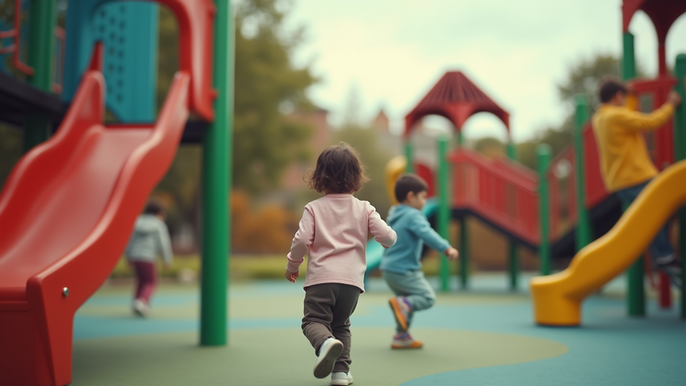 Close-up view of a colorful playground with children playing