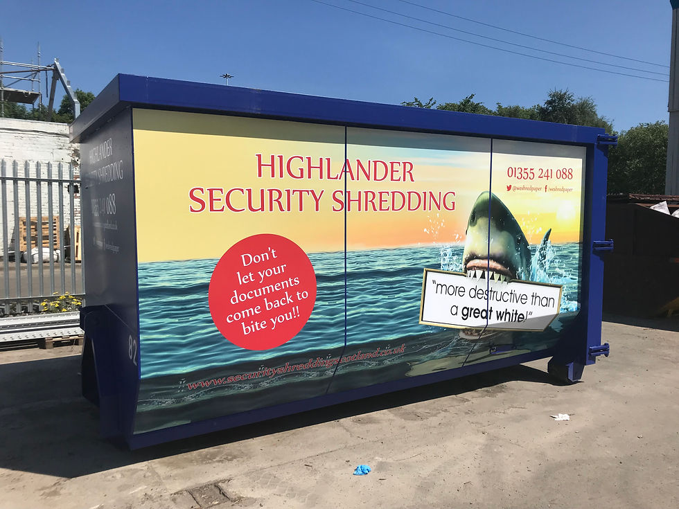 Large closed lockable wastepaper container featuring Highlander Security Shredding branding