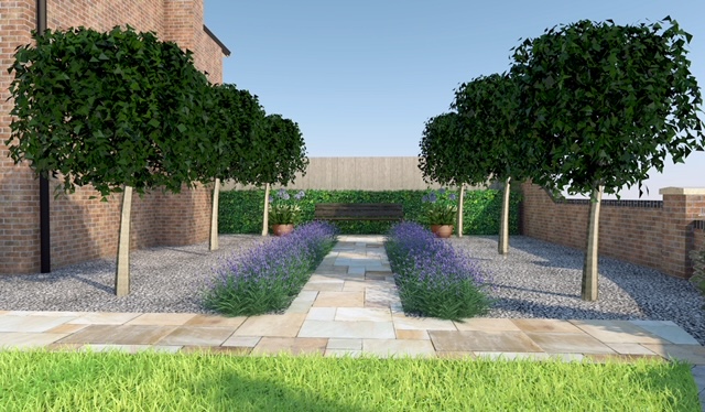 Beautiful garden path lined with lavender plants and trees