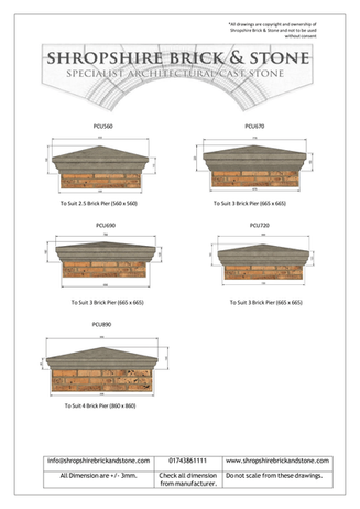 Cast stone pier cap technical drawings showing five sizes for brick piers