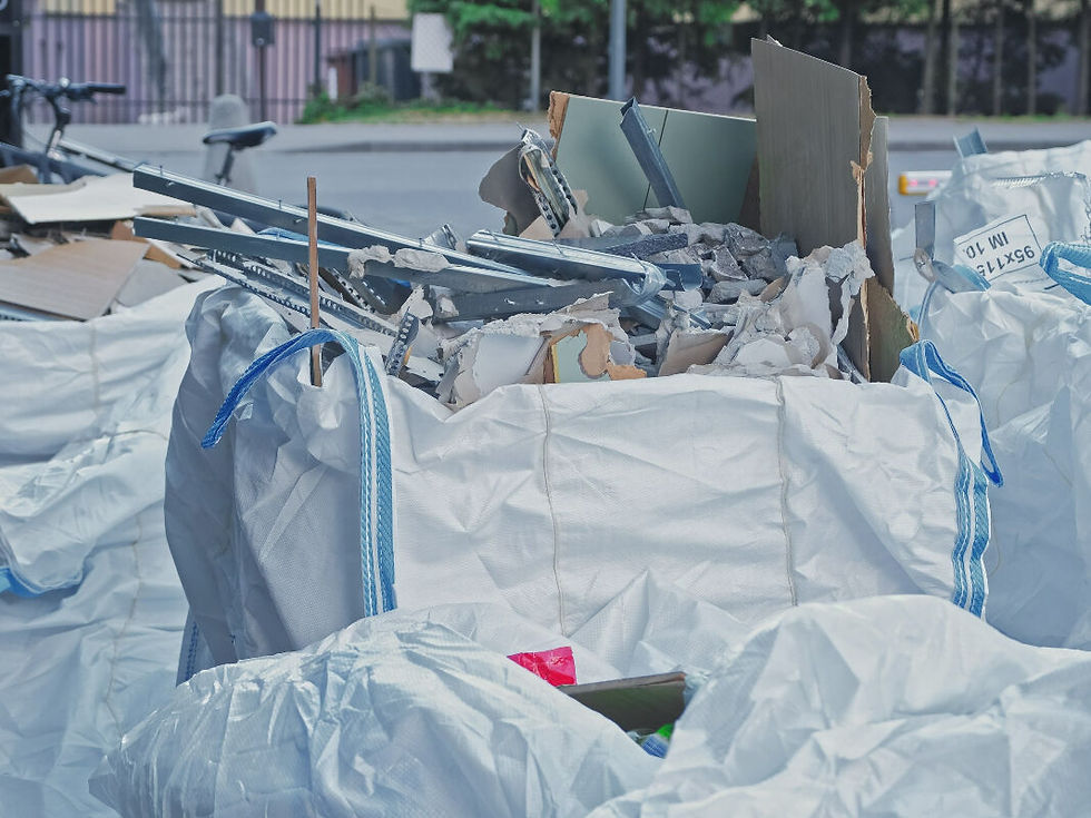Bulk construction and commercial waste stored in disposal bags for recycling and collection services