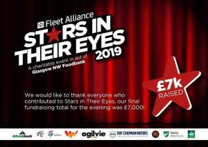 Graphic promoting Stars in Their Eyes 2019 charity event supporting Glasgow NW Foodbank fundraiser
