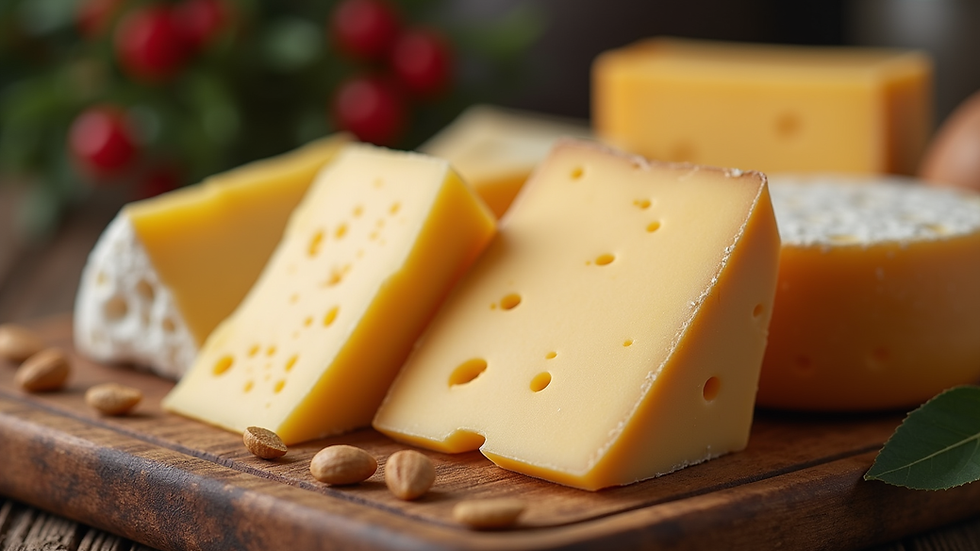 Close-up view of a variety of kaşar cheeses on a wooden board