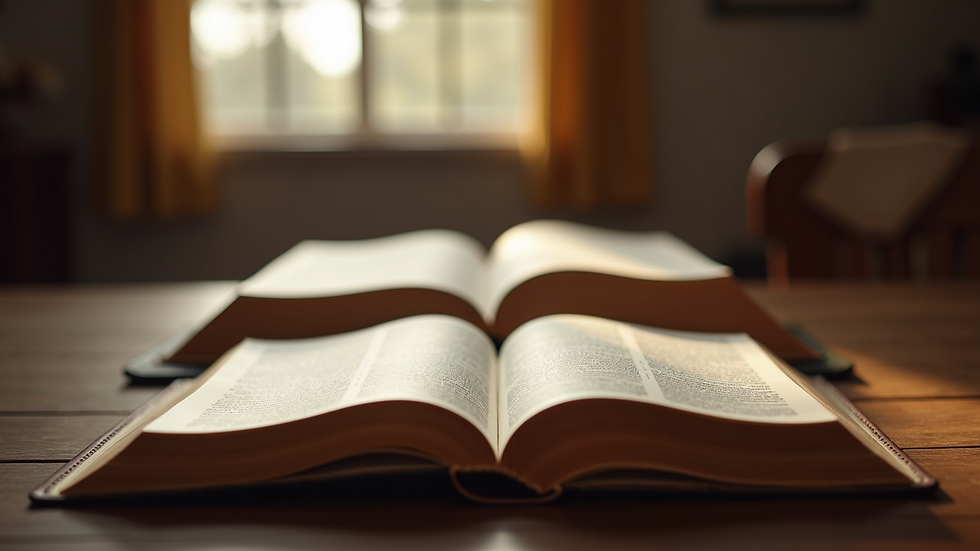 Eye-level view of a cozy Bible study setting with open books and a warm atmosphere