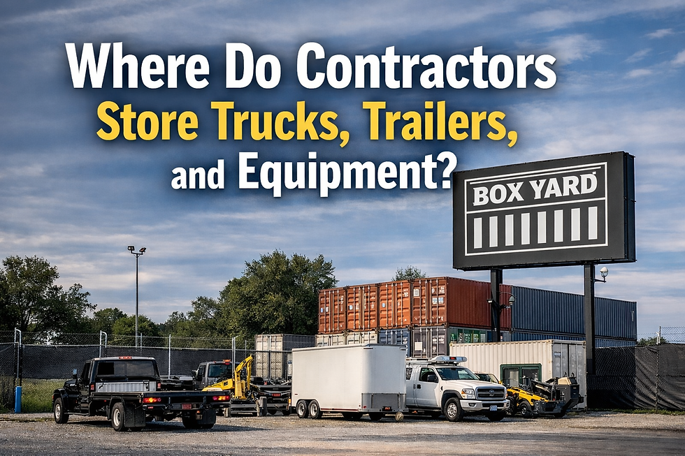Contractor storage yard with trucks, trailers, containers, and equipment parked securely at a BoxYard business storage location.