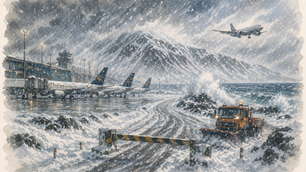 Watercolor illustration of a major winter storm in Iceland with snow-covered roads, closed highways, grounded planes, and heavy snowfall in a mountainous landscape