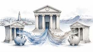 Alt text: Watercolor editorial illustration of two pension funds merging into one larger financial institution, with Icelandic scenery in the background.