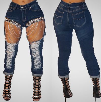 Thumbnail: Women ripped chain jeans big size 2xl skinny jeans