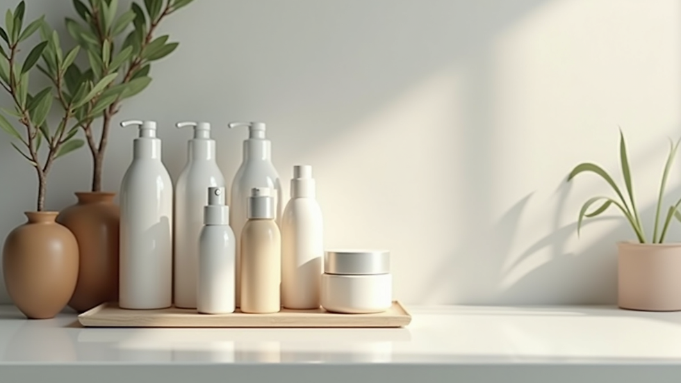 Eye-level view of a clean bathroom shelf with organic skincare products