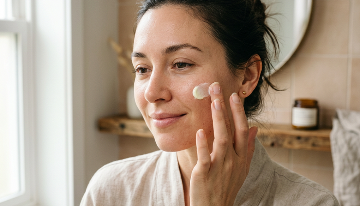 Eye-level view of a person applying brightening creme to one cheek in soft bathroom light.