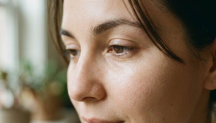 Close-up of smooth under-eye skin in soft natural light.