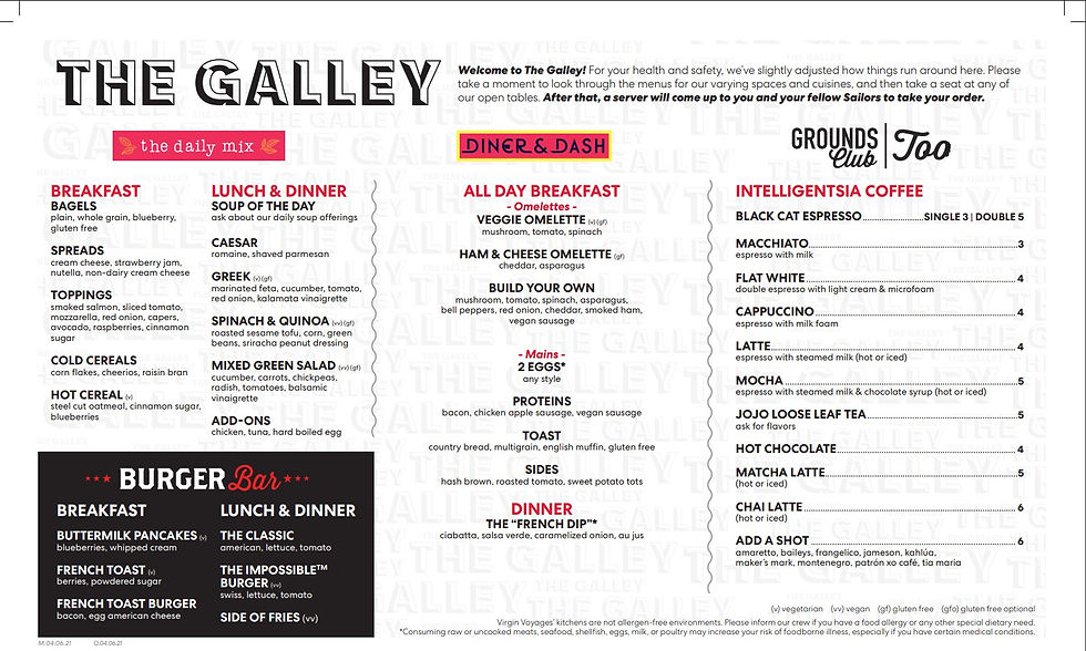 The Galley Menu on Virgin Voyages including breakfast at Diner & Dash