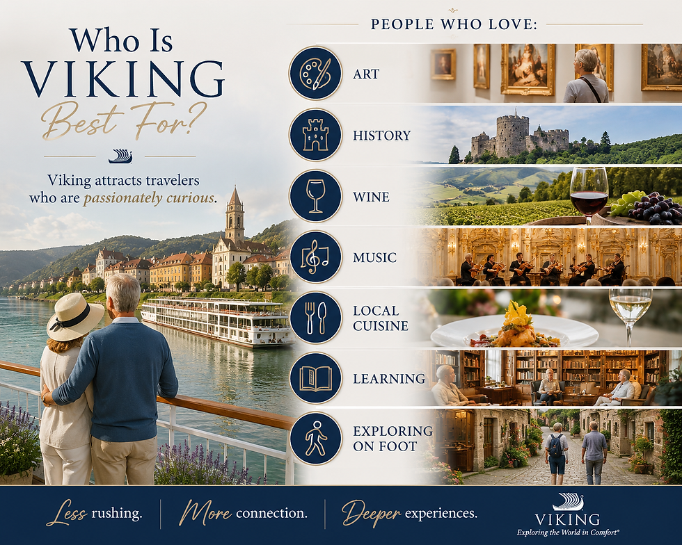 Viking travel ad showing older couple on river cruise with city, castle, wine, music, cuisine, learning, walking; Less rushing.