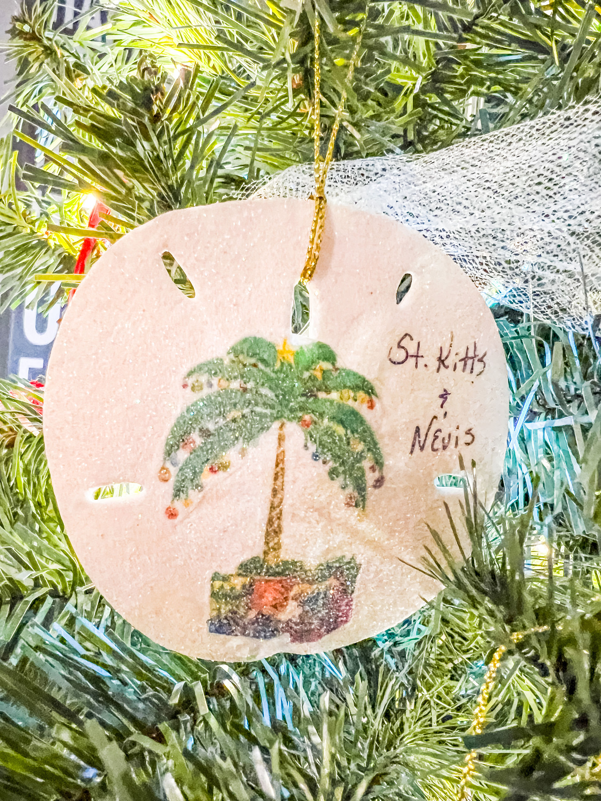 A sand dollar ornament with a Christmas palm tree and ornaments painted on it; st. kitts and nevis is written 