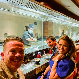 Friends eating at hibachi Moongate at Hyatt Ziva Cancun