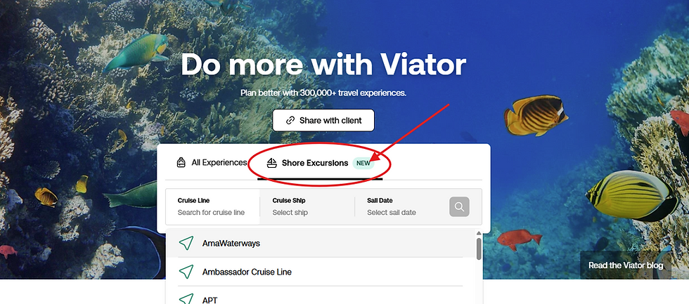 A screen shot of the Viator home page with a picture of an aquarium in the background