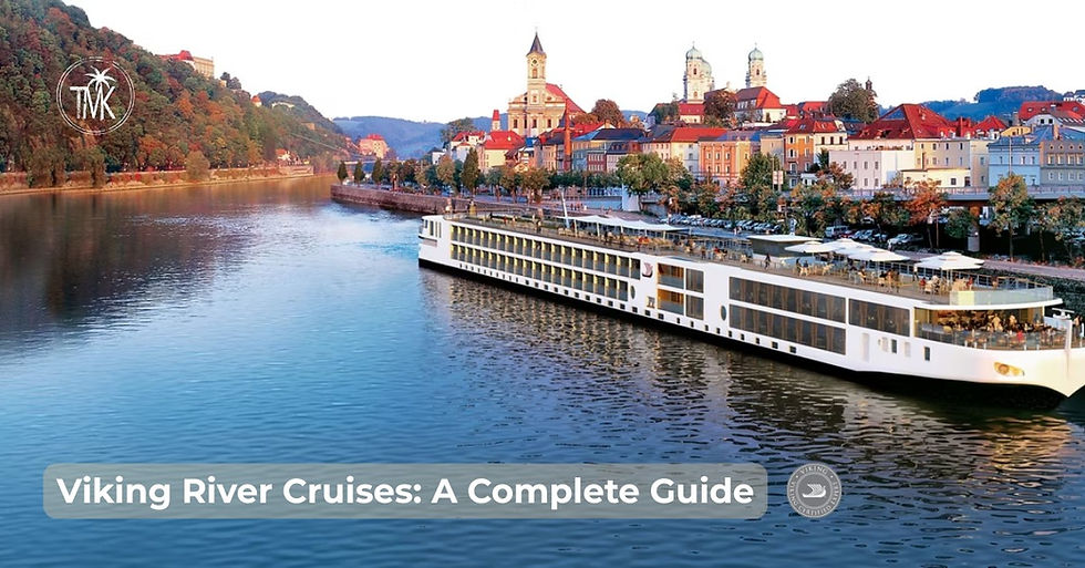 White river cruise ship on calm river by colorful European town and hills, with text Viking River Cruises: A Complete Guide
