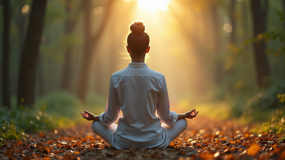 Eye-level view of a person meditating in a serene environment