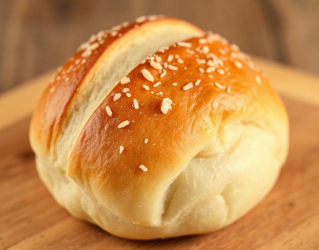 A bread roll on a wooden board.