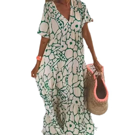 Women's Geometric Print Short Sleeve Deep V-Neck Maxi Dress
