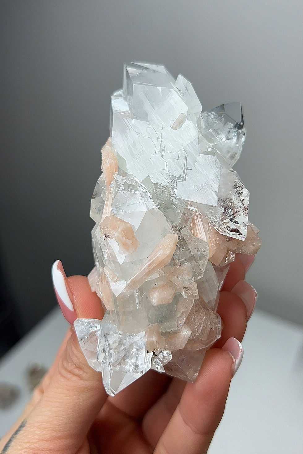 Thumbnail: AAA Icey Diamond Apophyllite on Blue Chalcedony with Peach Stilbite #5