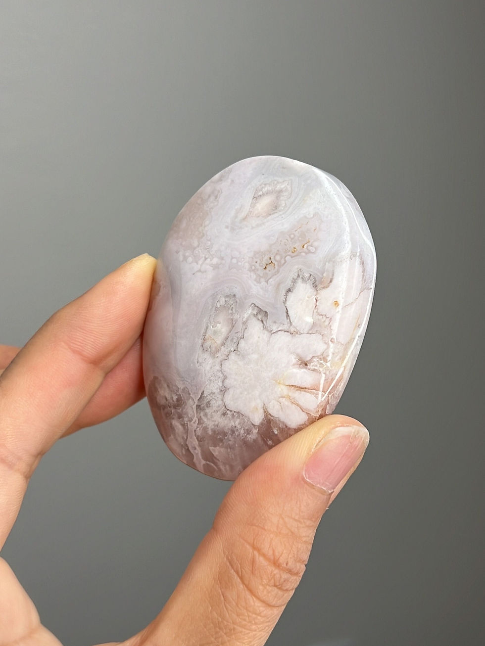 Thumbnail: Pink Amethyst x Flower Agate Palm Stone #B8