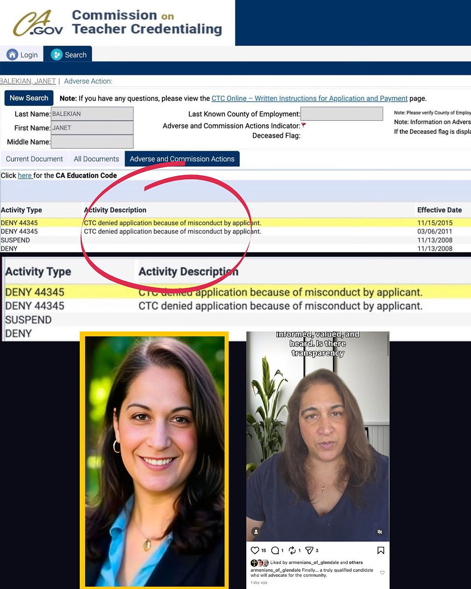 screenshot of janet balekian teacher credentialing denial