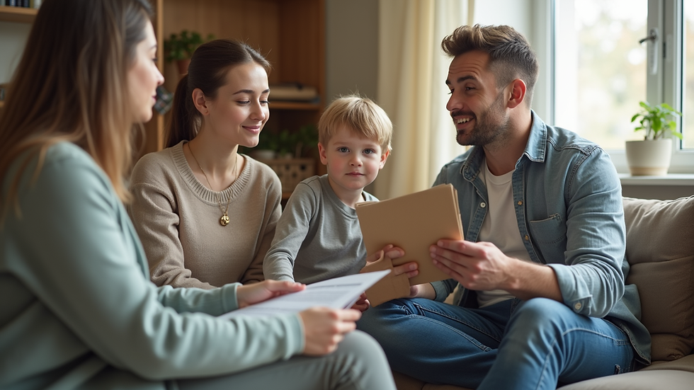 Eye-level view of a family discussing insurance options at home