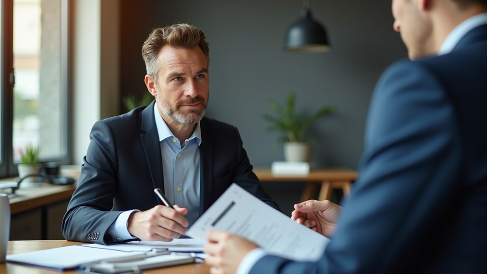 Eye-level view of a financial consultant discussing strategies with a client