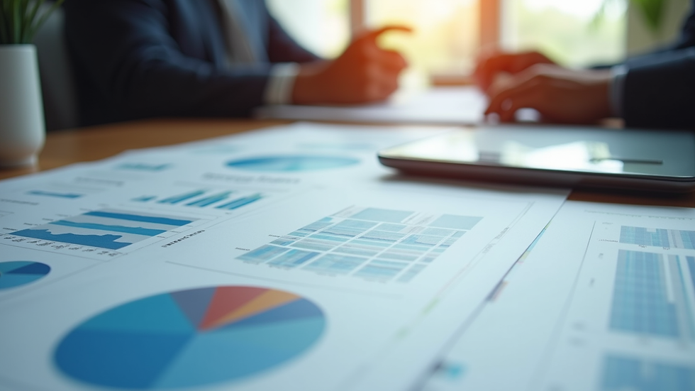 Eye-level view of a financial planner's desk with charts and reports