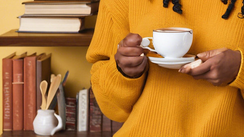 black woman with locs in a mustard sweater at a bookcase with tea in her hand.jpg