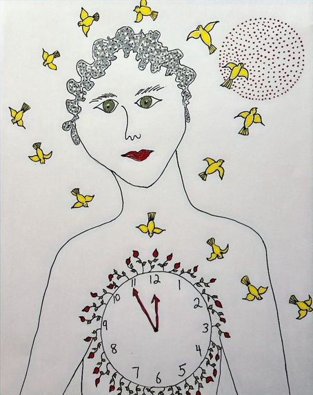 Woman with a clock on her chest. Mother time. Death and Dying